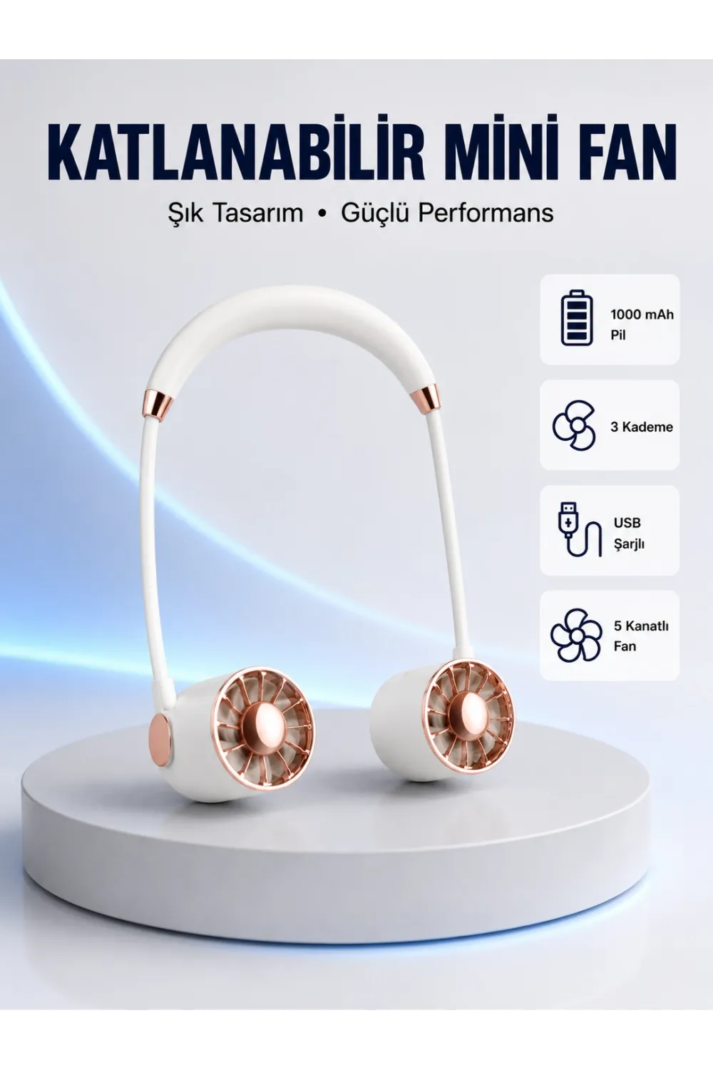 5 Kanatlı Sessiz Mini Fan 3 Vitesli Katlanabilir Asılabilir