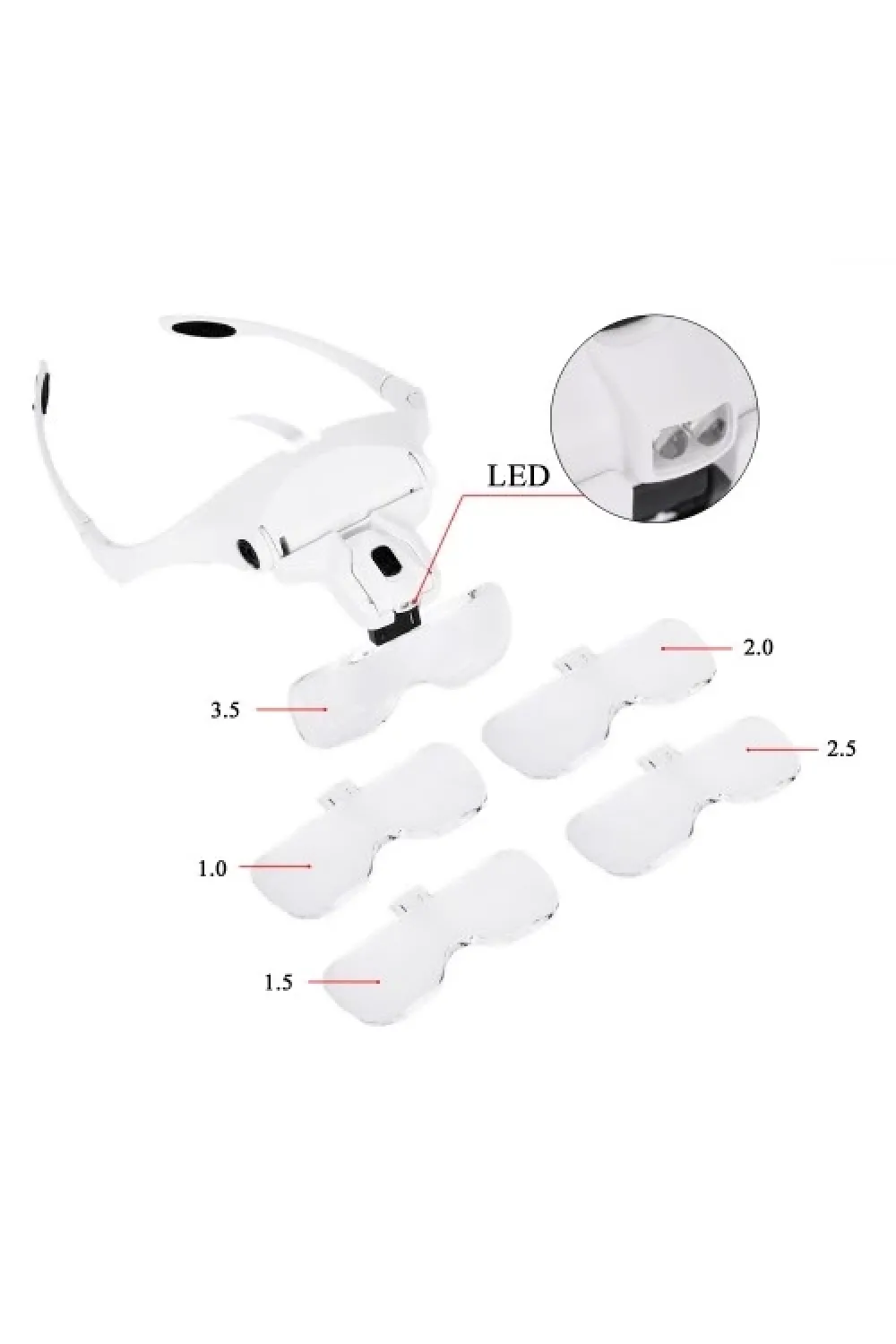 5 Lens 1.0x3.5x, 2led Işıklı  Ile Ayarlanabilir Gözlük Büyüteç9892b2