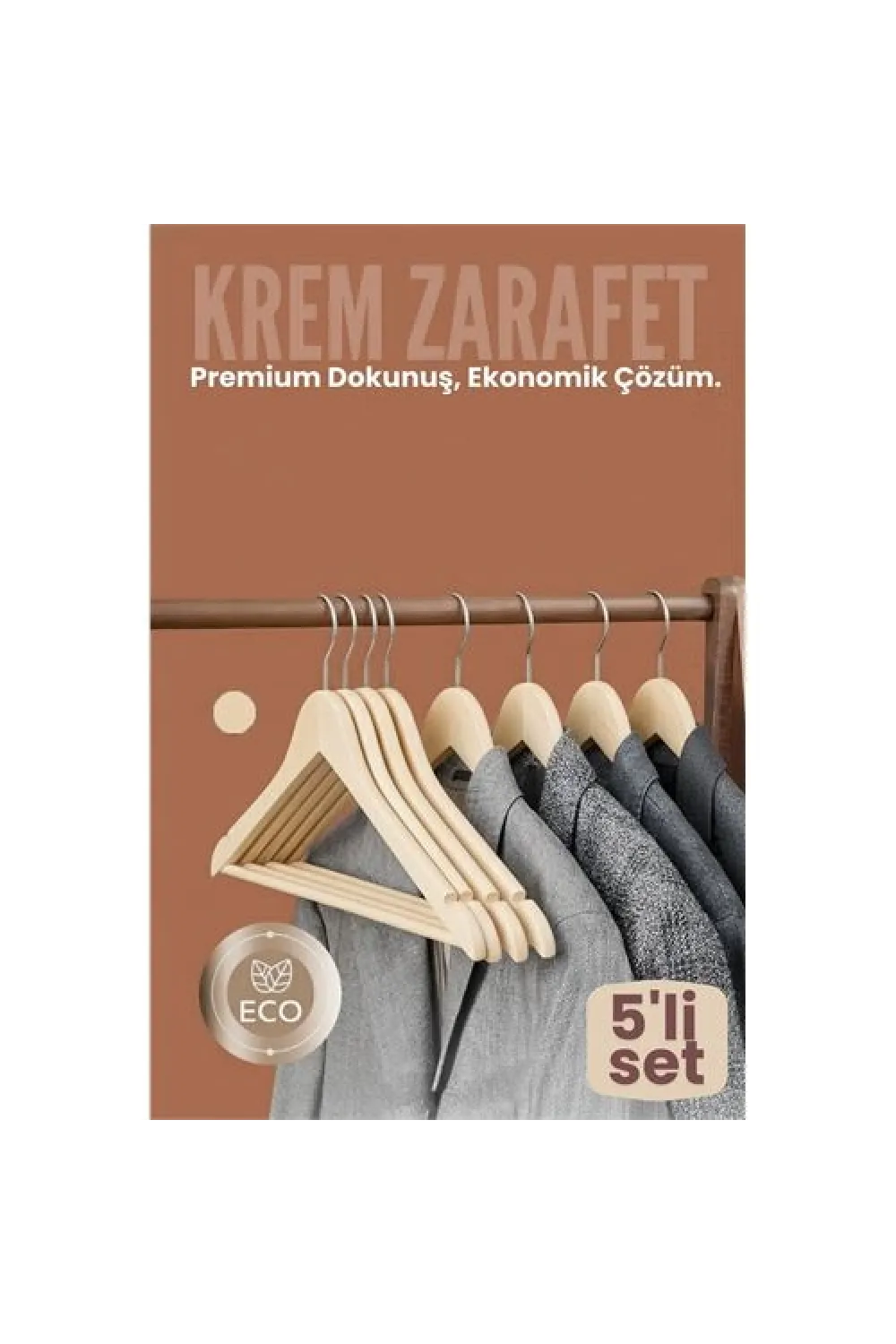 5li Lüks Krem Elbise Ceket Askısı - Ergonomik & Kaymaz Plastik Askı Seti -  Ahşap Görünümlü 722531