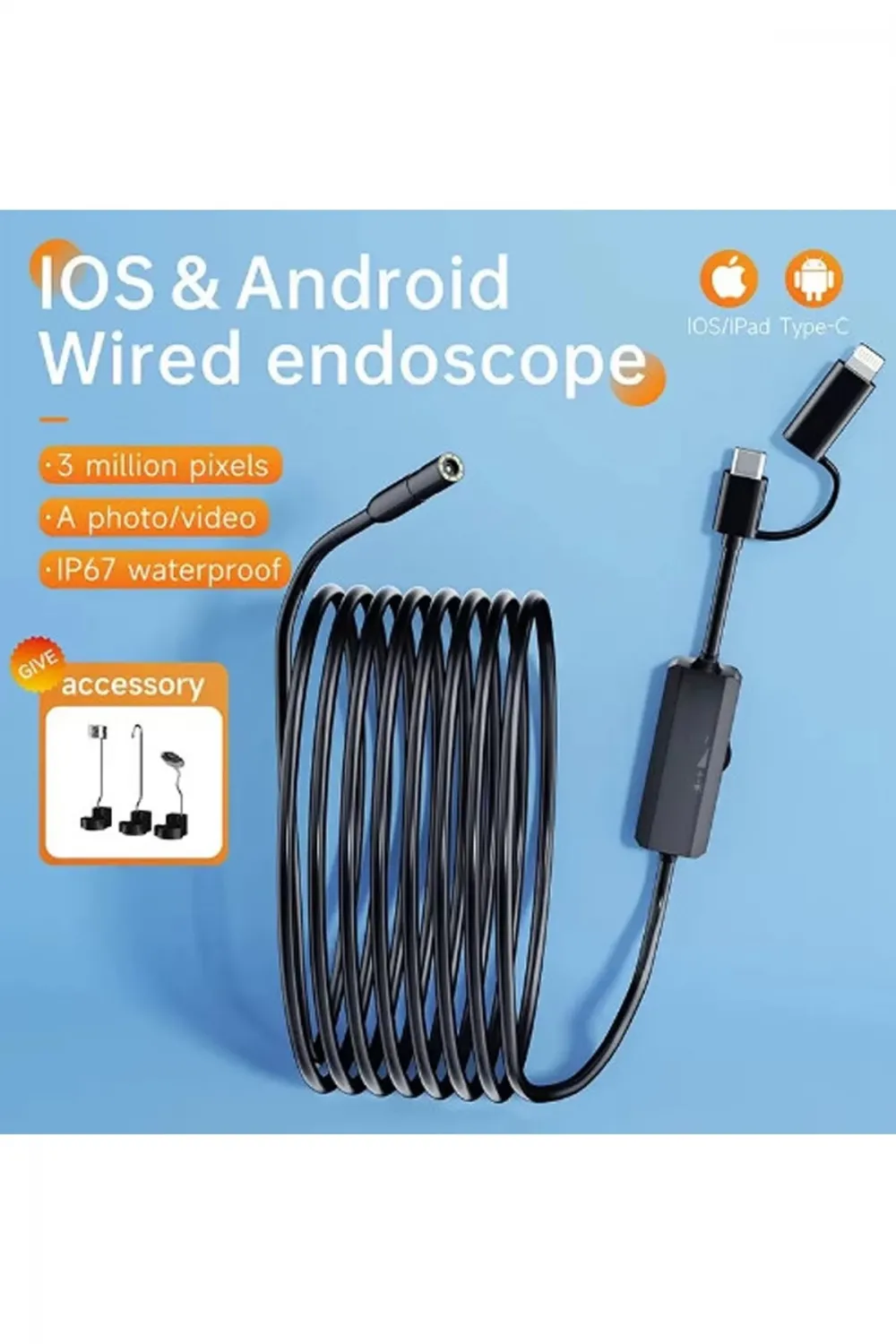 5 Metre Endoskop Yılan Video Kamera Ios Ve Android Uyumlu Led’li 8 Mm Sert Kablo 2mp