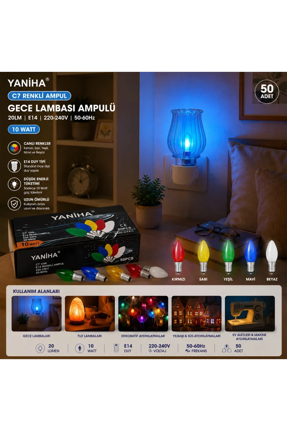 50 Adet Mix Renkli Gece Lambası Ampul E14 - 10w C7