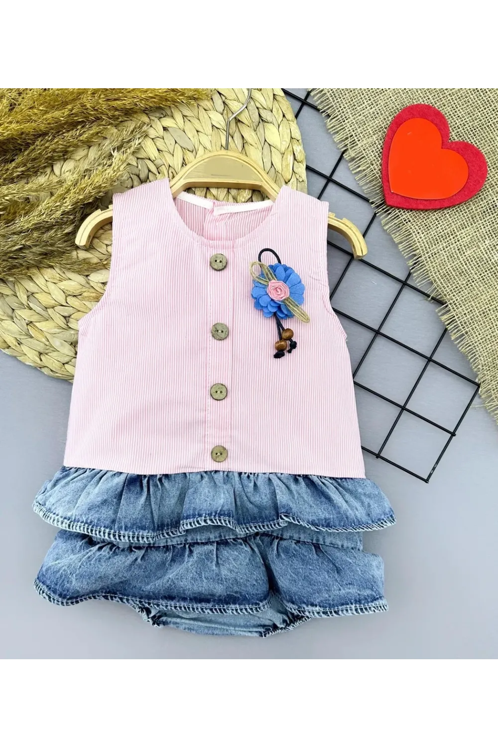 6-9-12-18 Ay Gül Rozet Detaylı Kot Kilotlu Etek Kız Bebek Elbisesi
