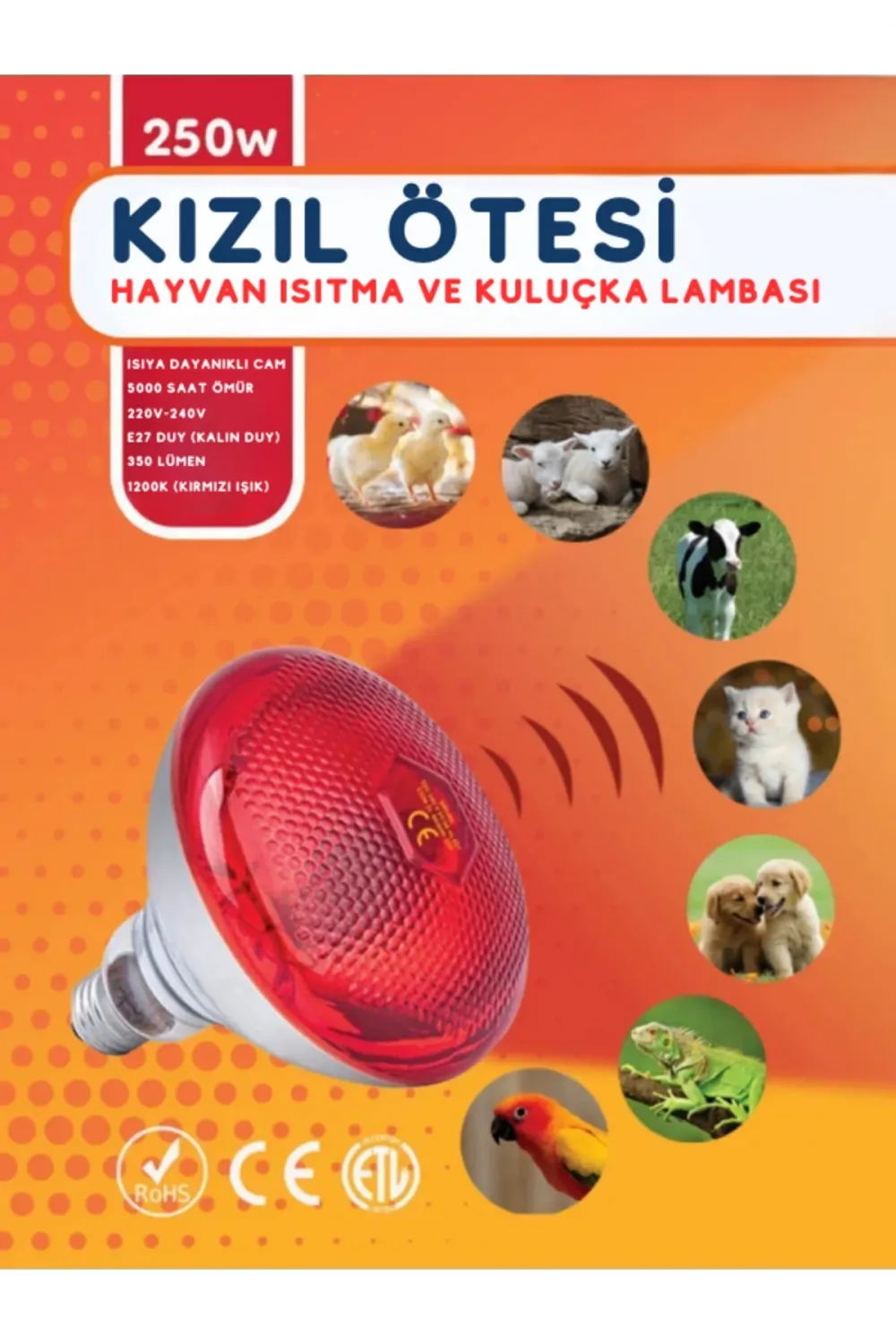(6 Adet) 250W Kızılötesi Isıtıcılı Hayvan Isıtma ve Kuluçka Lambası (Kırmızı Işık) E27 (Kalın Duy)