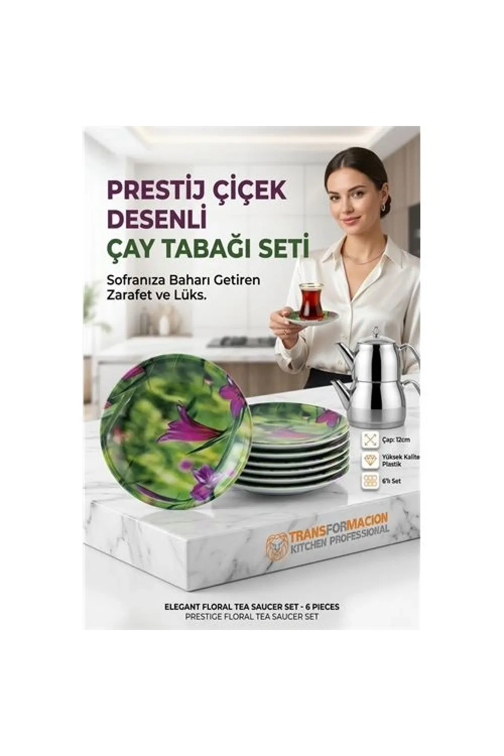6lı Çiçek Desenli Kırılmaz Çay Tabağı Seti | Lüks Plastik Sunum Tabağı 723189