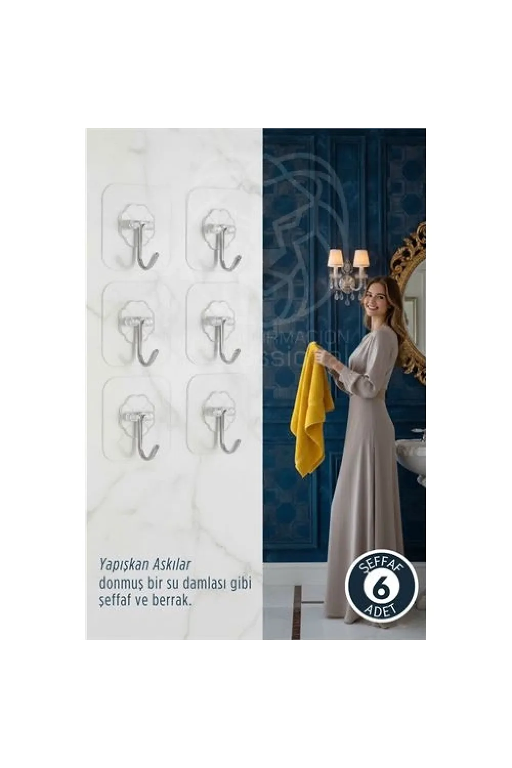 6 lı Şeffaf Yapışkanlı Askı, Mutfak Banyo Duvar Askısı, Çivisiz Pratik Kanca Seti