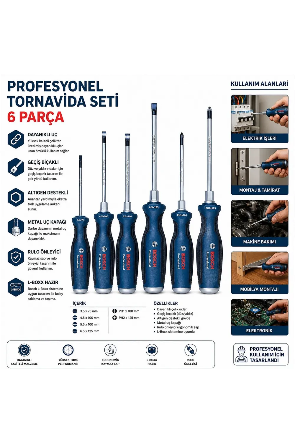 6 Parça Profesyonel Tornavida Seti (PH2 / PH1 / 3.5 / 4.5 / 5.5 / 6.5)