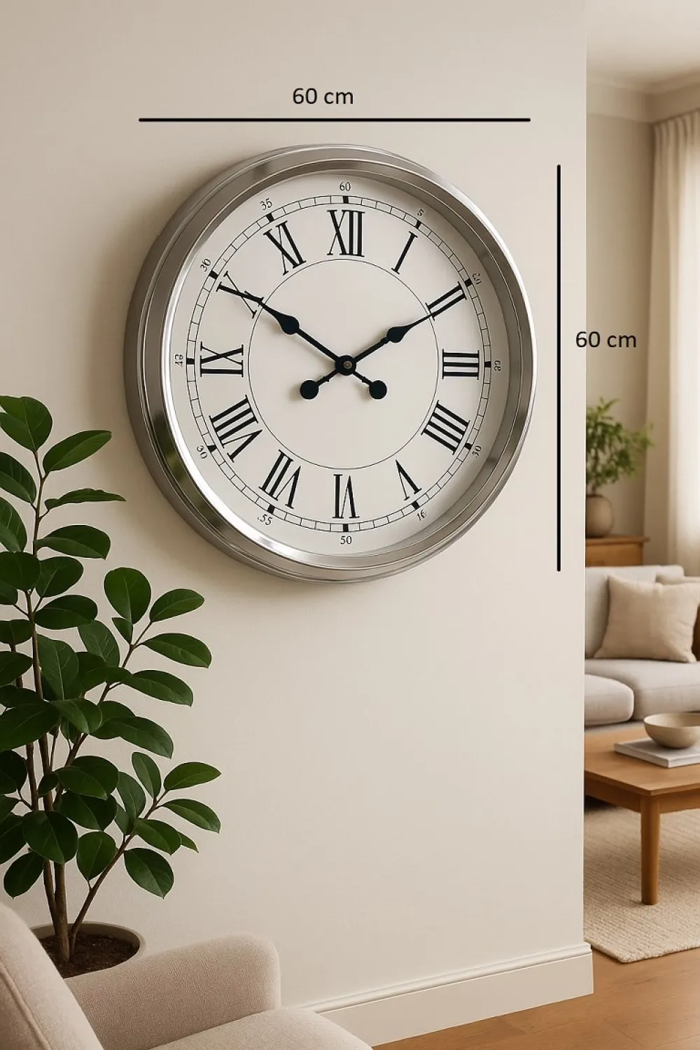 60 cm Krom Metal Roma Rakamlı Duvar Saati