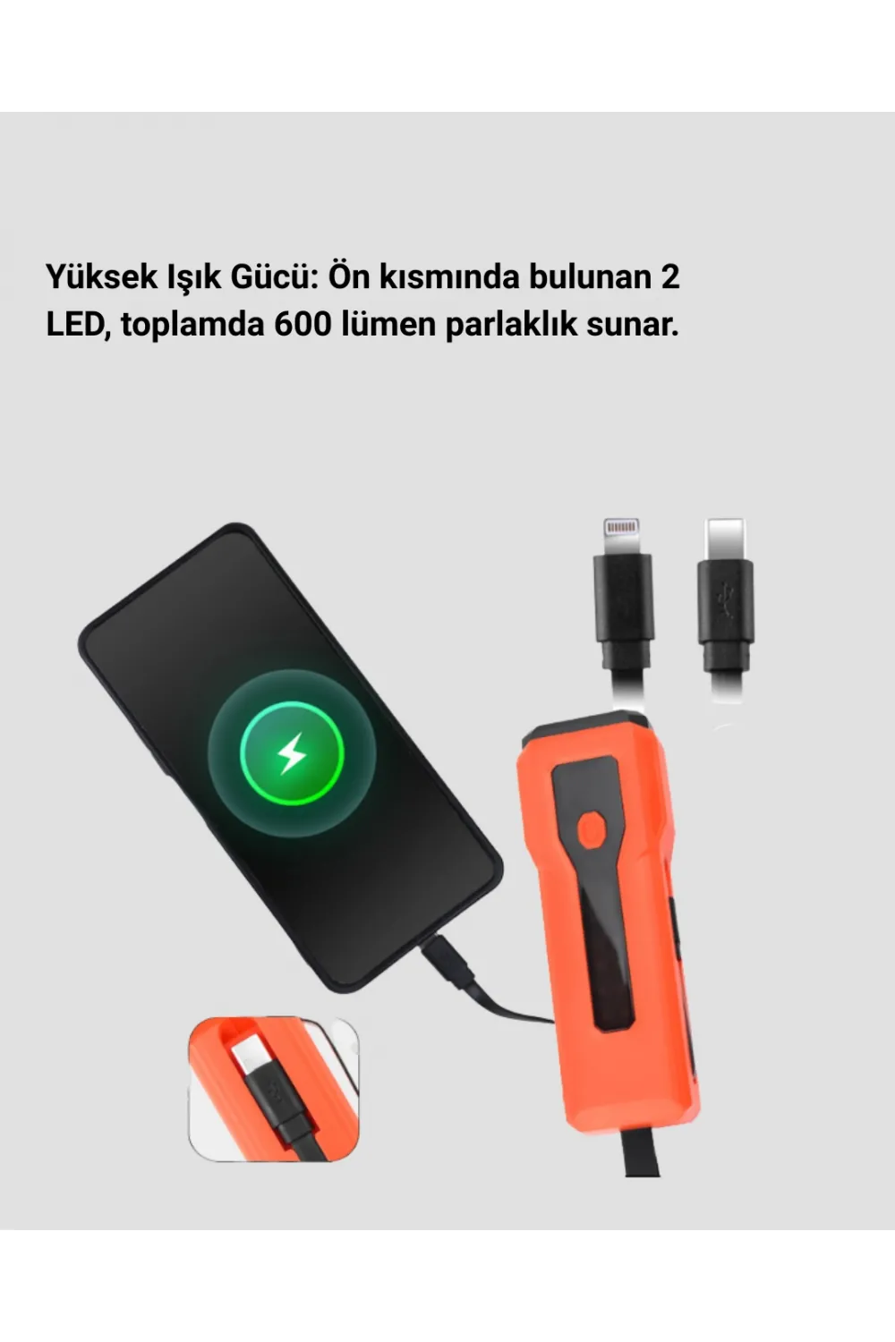 600 Lümen Şarjlı Bisiklet Farı Cob Yan Çakar Acil Durum