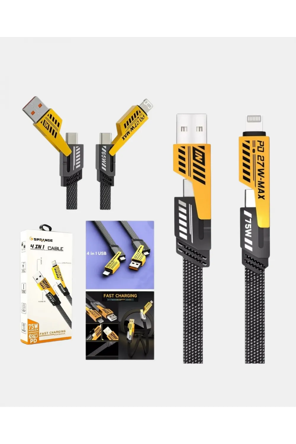 65w Çoklu Şarj Kablosu 4’ü 1 Arada Örgülü Hızlı Veri Aktarım Usb-c Usb-a