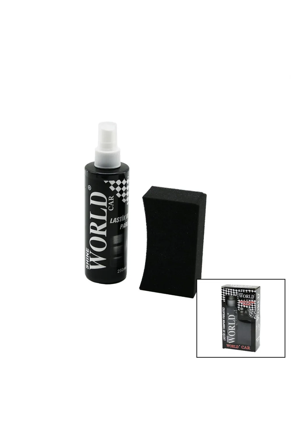 Shıne World Car  Lastik - Tampon  Parlatıcı Sprey Seti  Plastik Şişe   250ml ± %10 Parlatma Süngeri