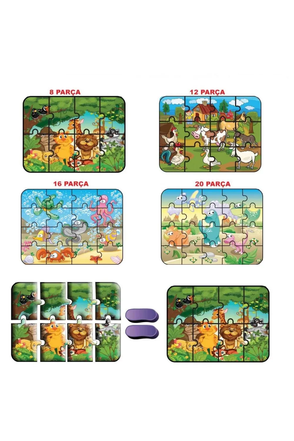 1481 DıyToy Süper Renkli 4lü Puzzle - Hayvanlar / 8+12+16+24 Parça Puzzle