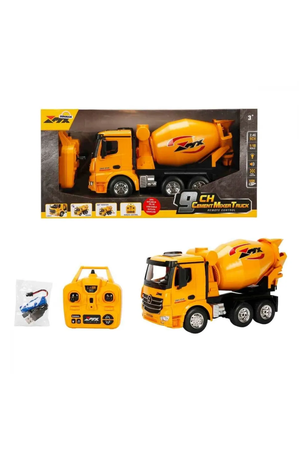 5084 SUN-RST-RC İŞ MAKİNESİ 1 18 BETON MİKSERİ FF 9CH 3 7V USB 2 4 GHZ SESLİ IŞI
