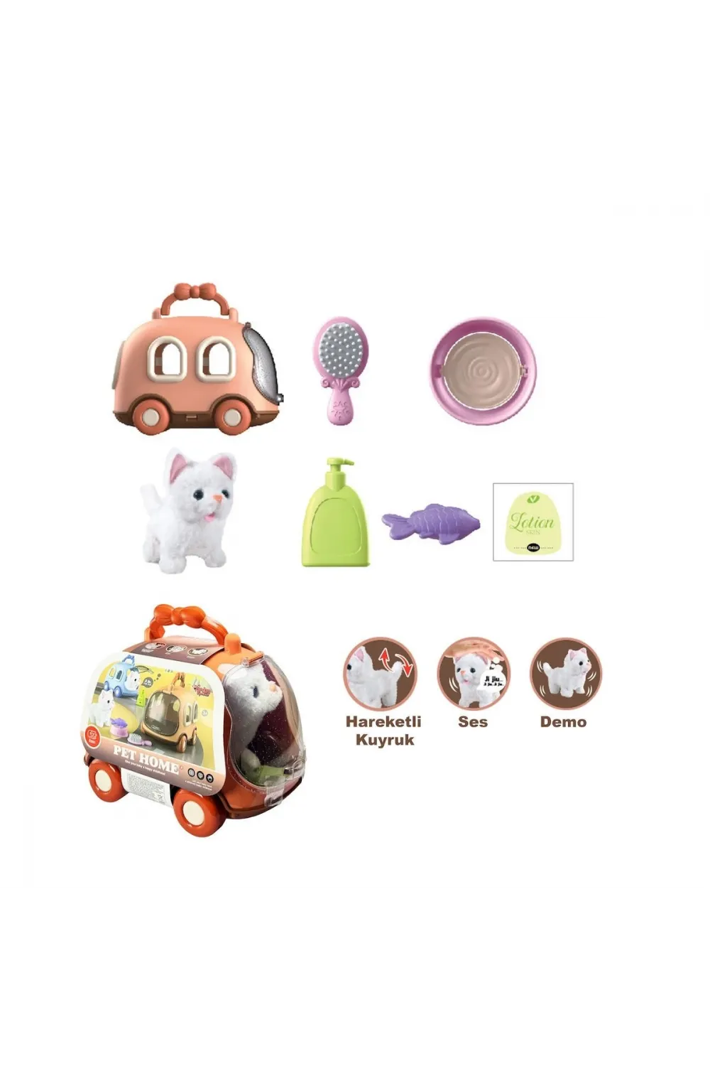 JND-6801 Taşıma Araba Çantalı Hareketli Pilli Kedi Set -Vardem Oyuncak