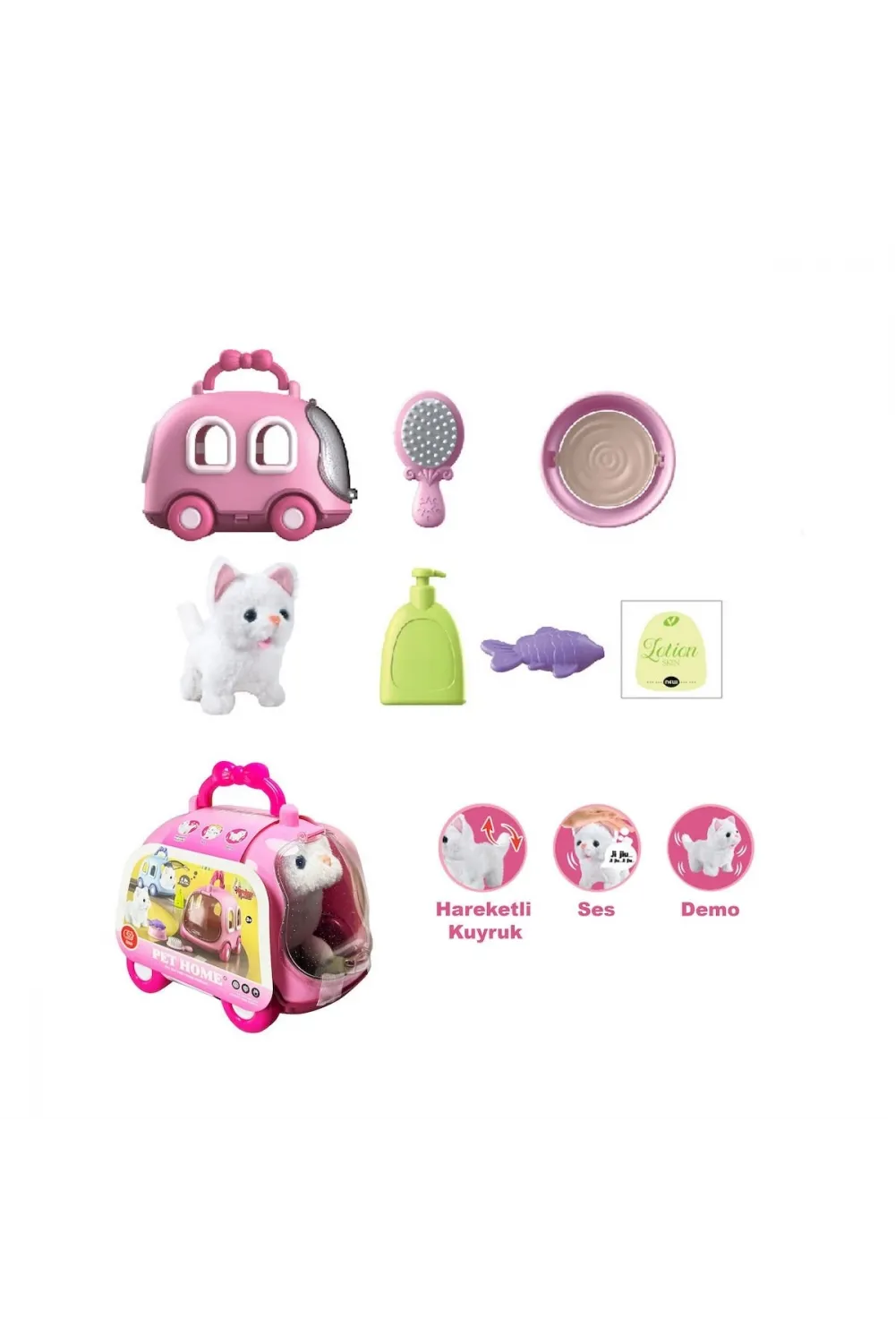 JND-6801 Taşıma Araba Çantalı Hareketli Pilli Kedi Set -Vardem Oyuncak