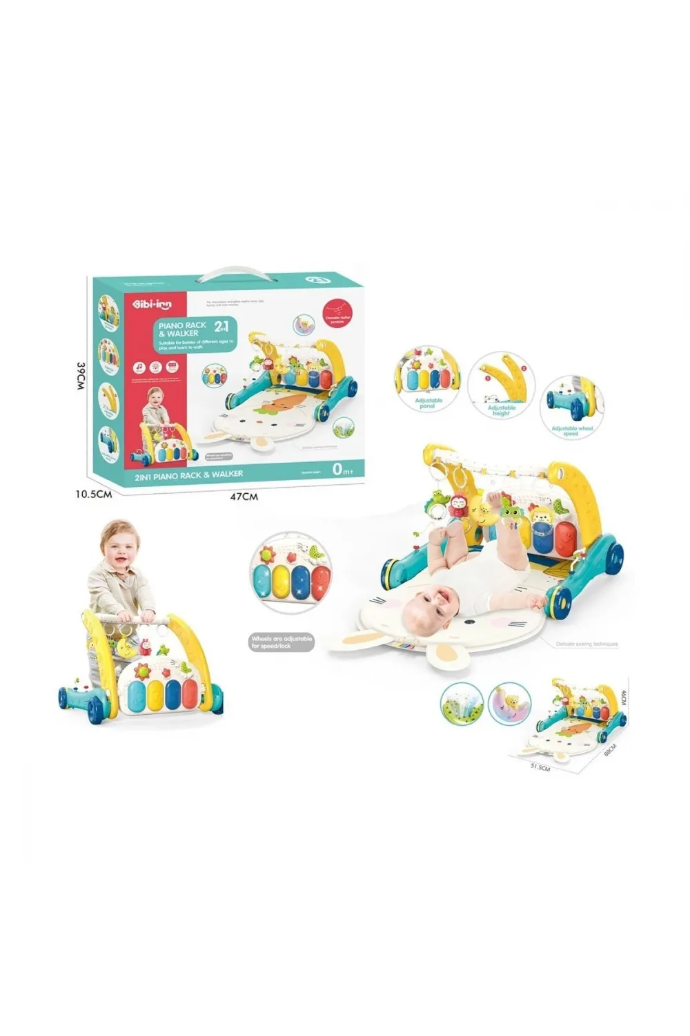 BIB6015 -Vardem Piyanolu 2 in 1 Bebek Yürüteci ve Tavşan Desenli Mavi Oyun Halısı
