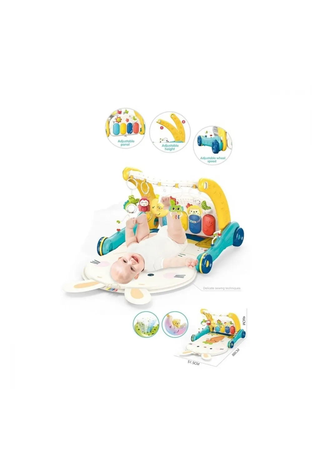 BIB6015 -Vardem Piyanolu 2 in 1 Bebek Yürüteci ve Tavşan Desenli Mavi Oyun Halısı