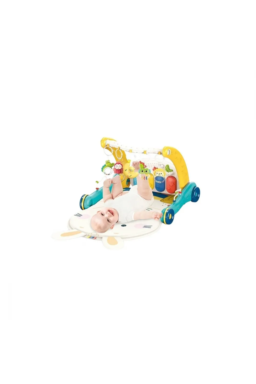 BIB6015 -Vardem Piyanolu 2 in 1 Bebek Yürüteci ve Tavşan Desenli Mavi Oyun Halısı