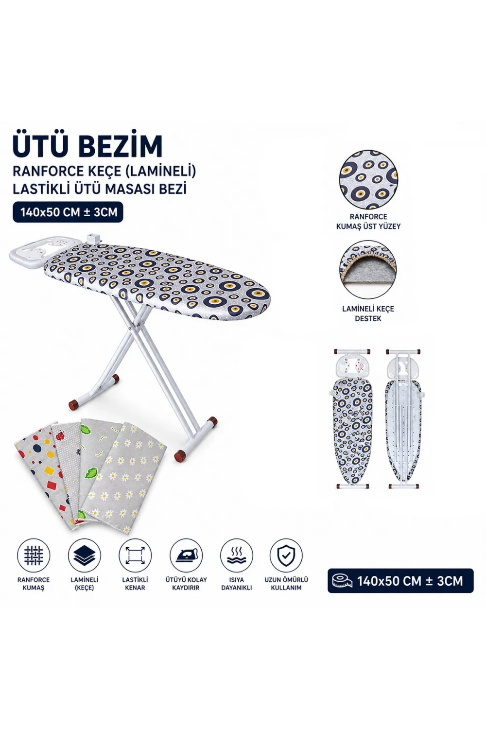 Ütü Bezim Ranforce Keçe Lamineli Lastikli Ütü Masası Bezi 140x50 Cm ± 3 Cm IEGUEDE