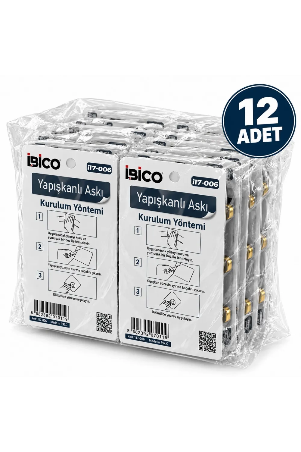 İbico İ17-006 ( 3 Kollu= Gold & ( T= Ꟶ ) Yapışkanlı Pls. Askı ( Mika Kristal Şeffaf Renkli Taban ) ( 3.5kg.taşıma )*12x14