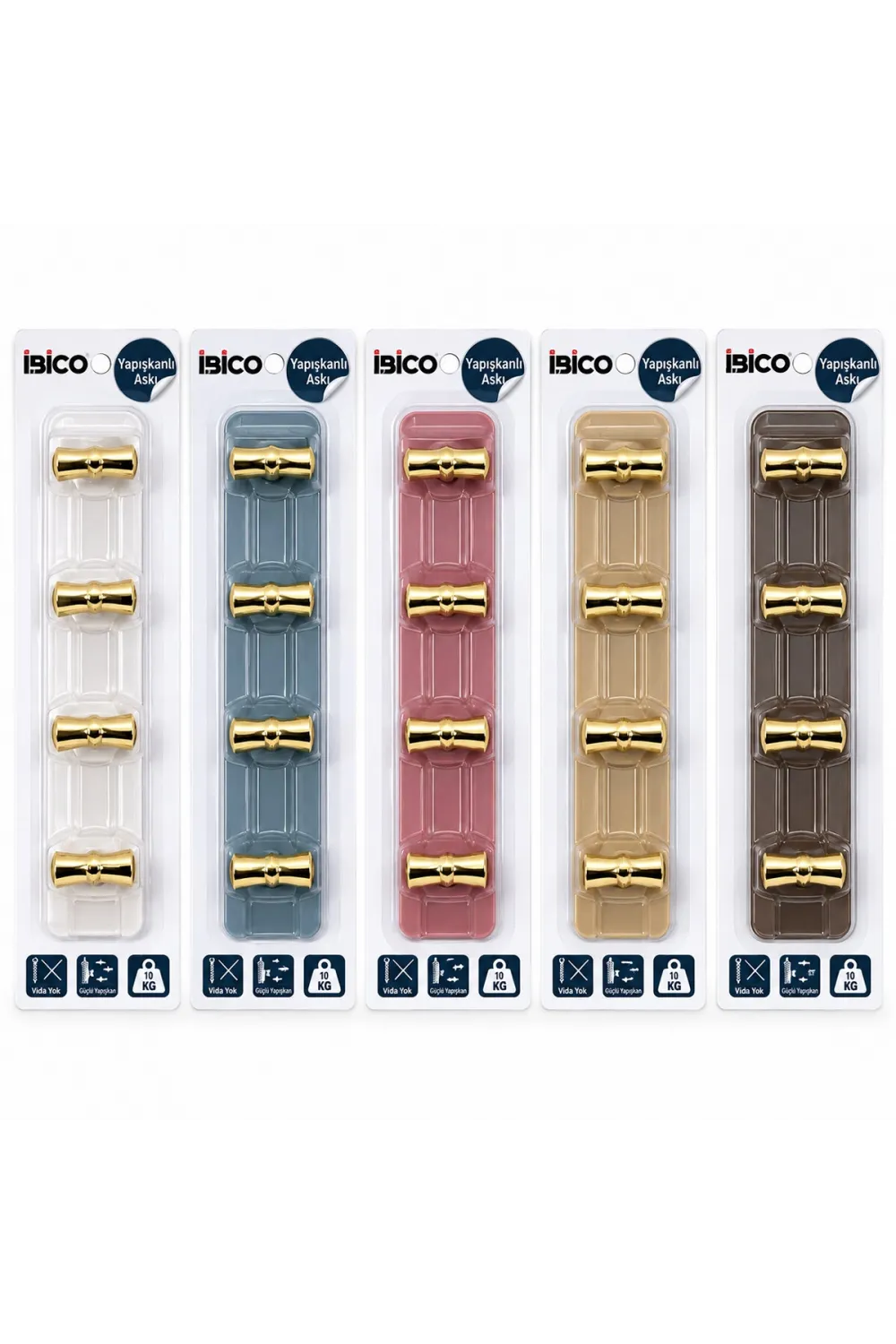 İbico İ17-013 ( 5 Kollu= Gold & ( T= Ꟶ ) Yapışkanlı Pls. Askı ( Mika Kristal Şeffaf Renkli Taban ) ( 5kg.taşıma )*12x10