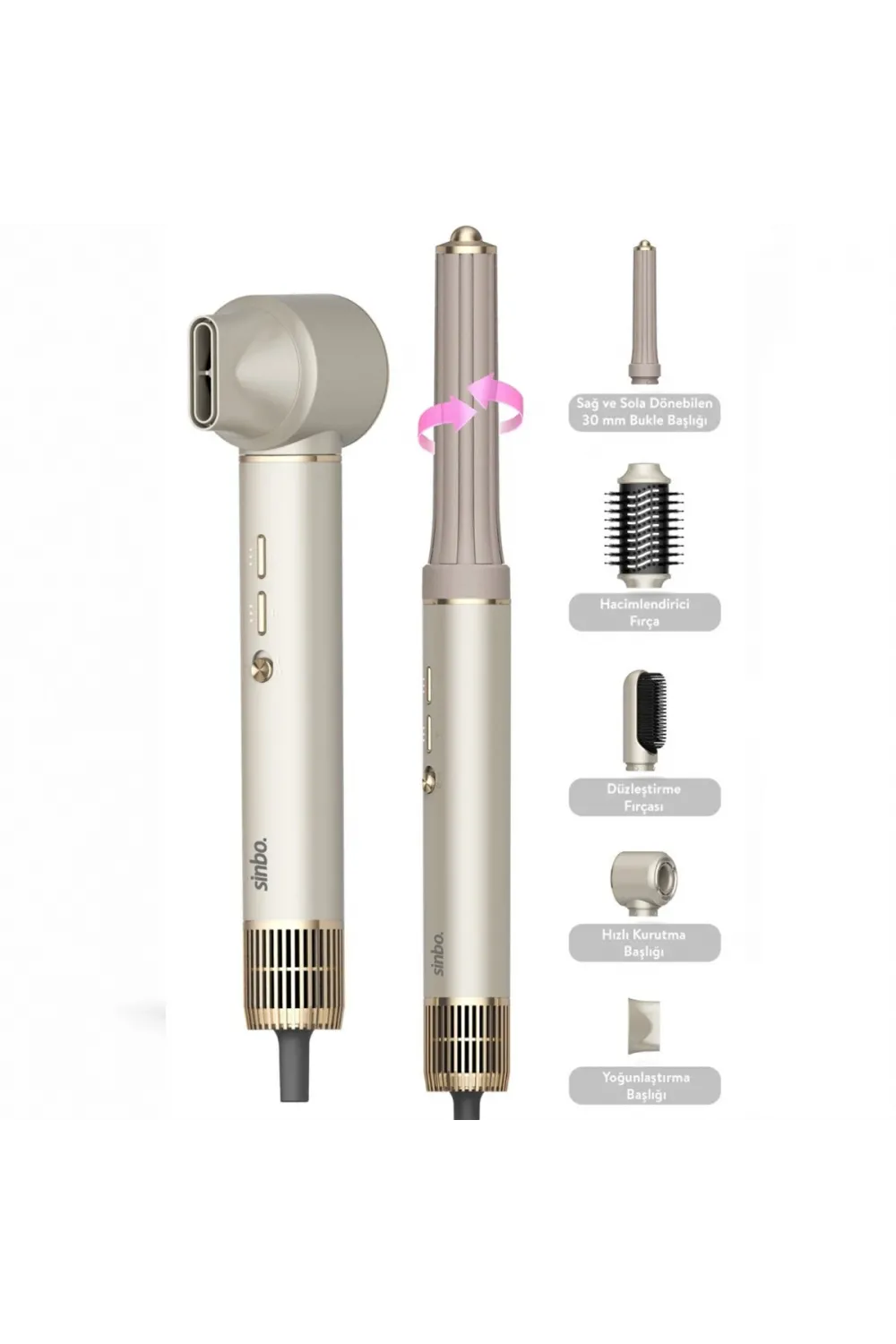 Sinbo Shd-1729 (rose Gold) Air Brush (5in1=bukle-hacimle-düzleştir-2-fırça) Saç Kurutma & Şekil Makinesi (1300w)(3-kdm.hız & ℃)*4
