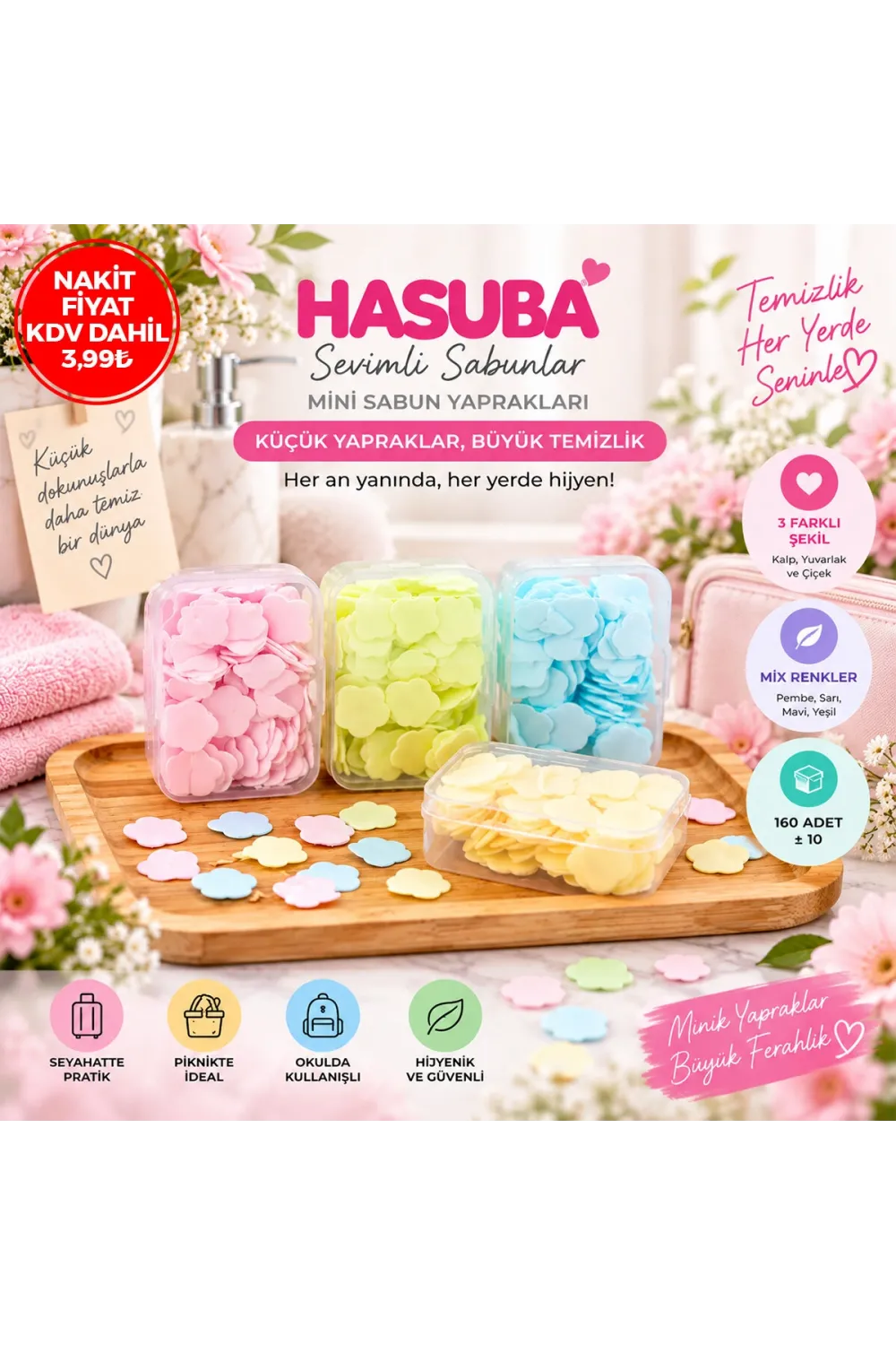 Hasuba Sevimli Sabunlar Hs-400 (mini=1.2-1.5cm) (seyahat & Piknik & Okulda) (160pcs ± 10) (mix:kalp& Yvrlk&çiçek)*24x40