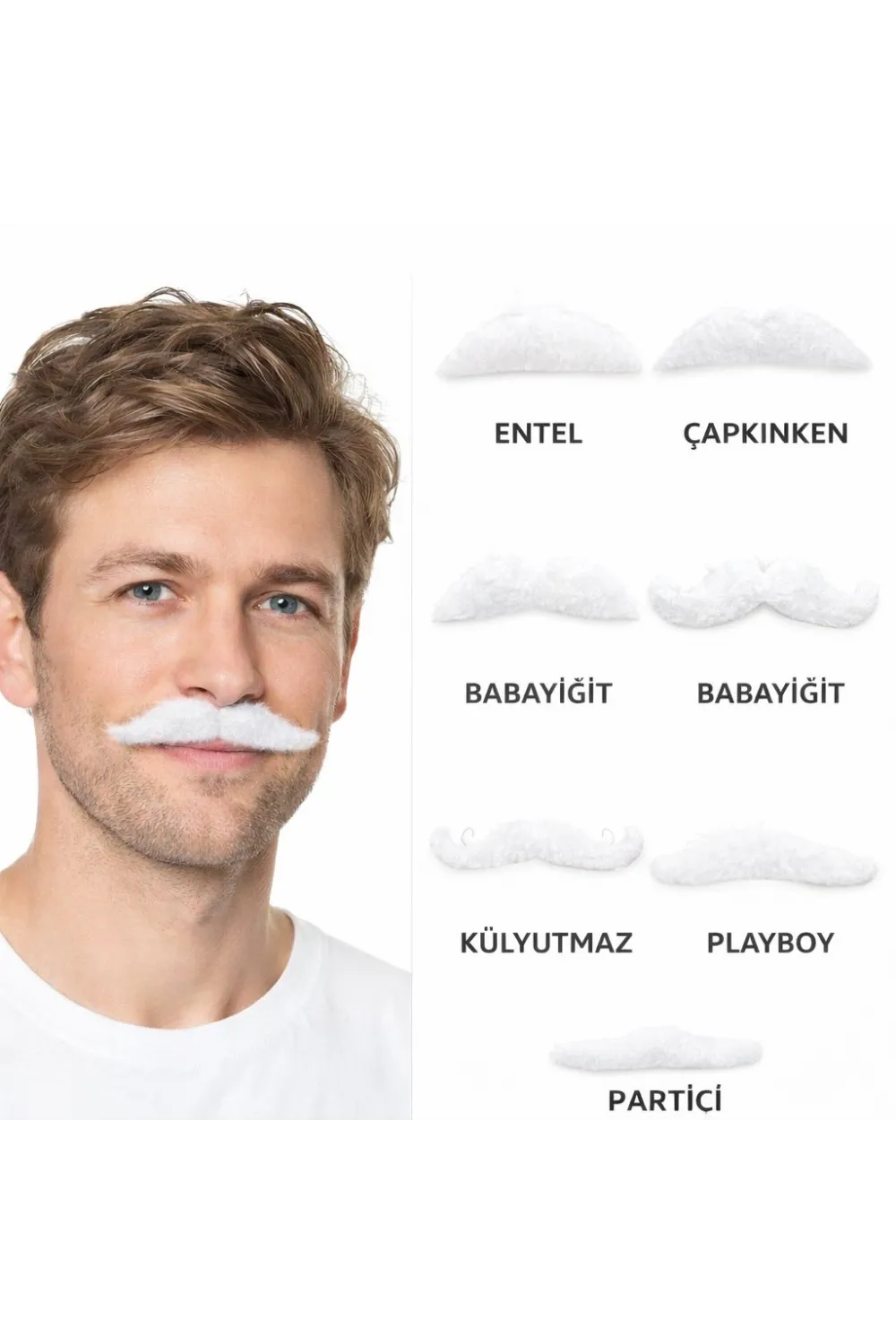 6’lı Yapışkanlı Beyaz Parti Bıyık Seti – Farklı Modeller