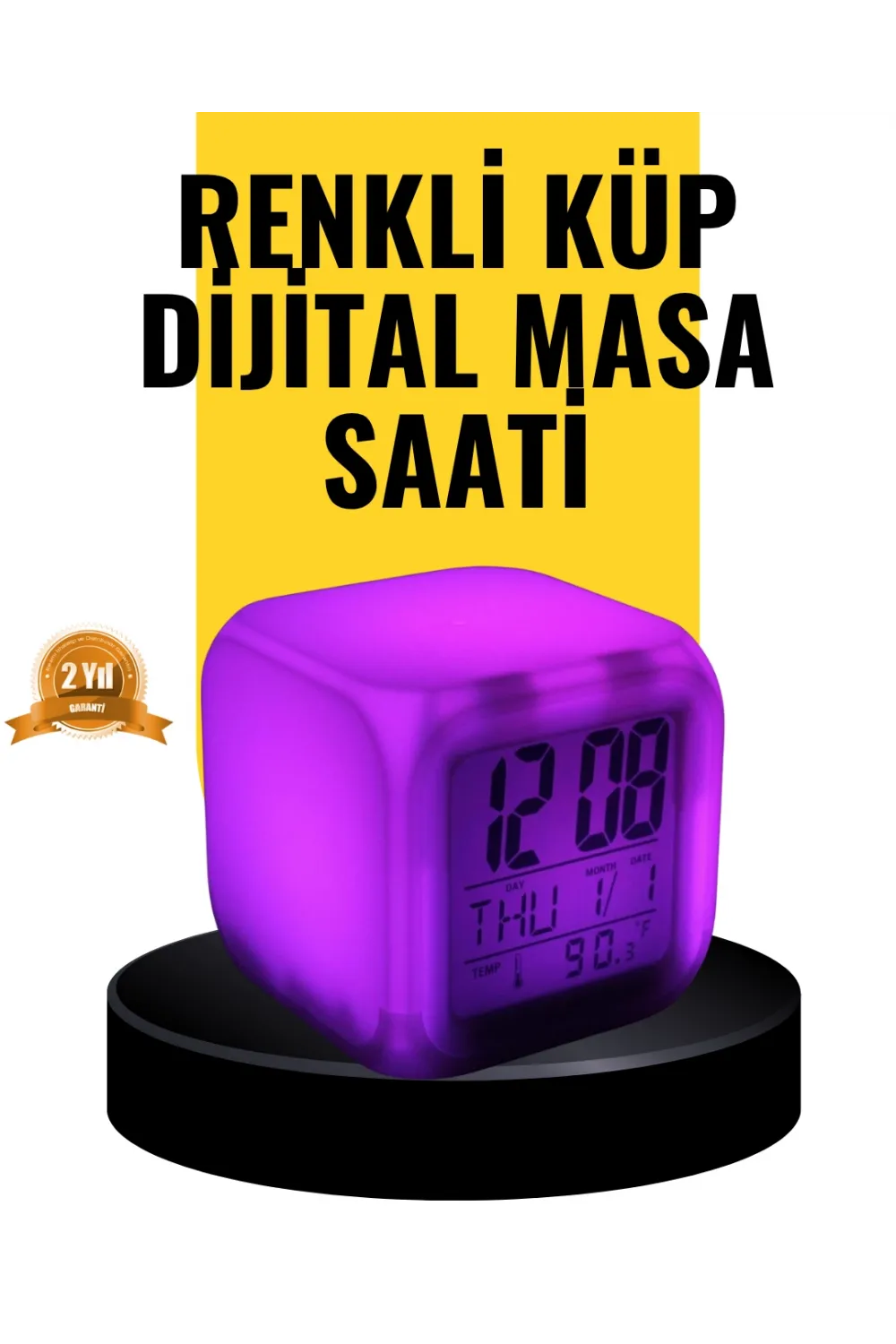 7 Renk Led Işıklı Alarmlı Dijital Küp Masa Saati Termometreli