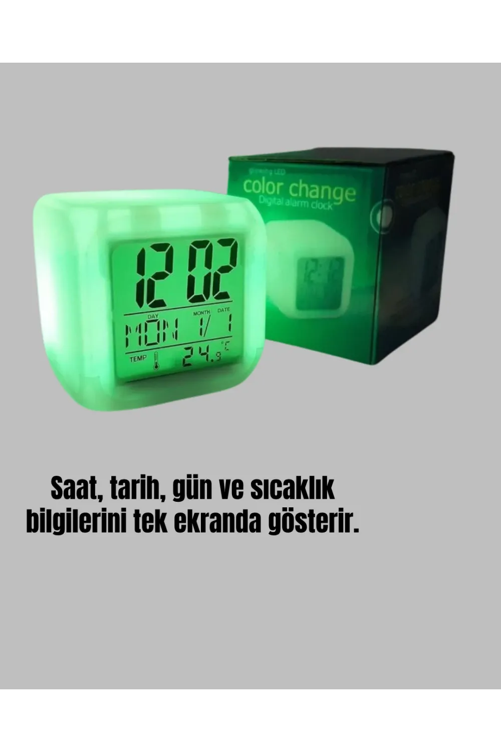 7 Renk Led Işıklı Alarmlı Dijital Küp Masa Saati Termometreli