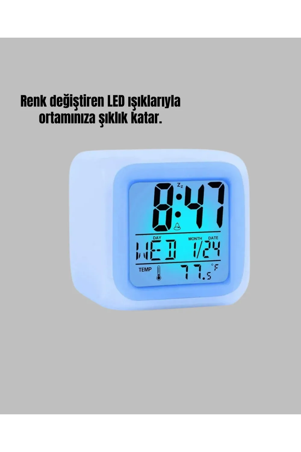 7 Renk Led Işıklı Alarmlı Dijital Küp Masa Saati Termometreli