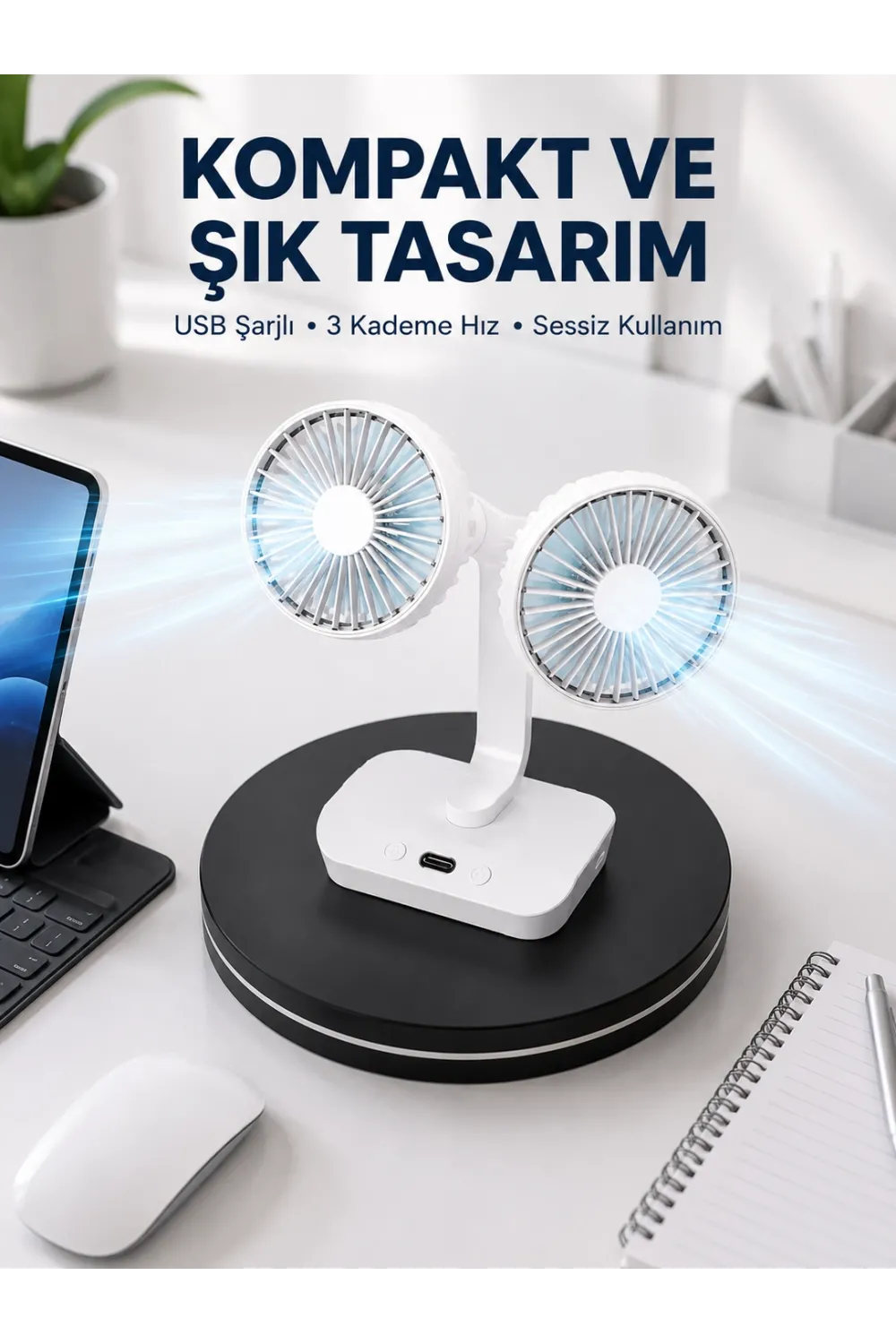 720° Döner Çift Taraflı Masaüstü Vantilatör – Usb Şarjlı Sessiz Fan