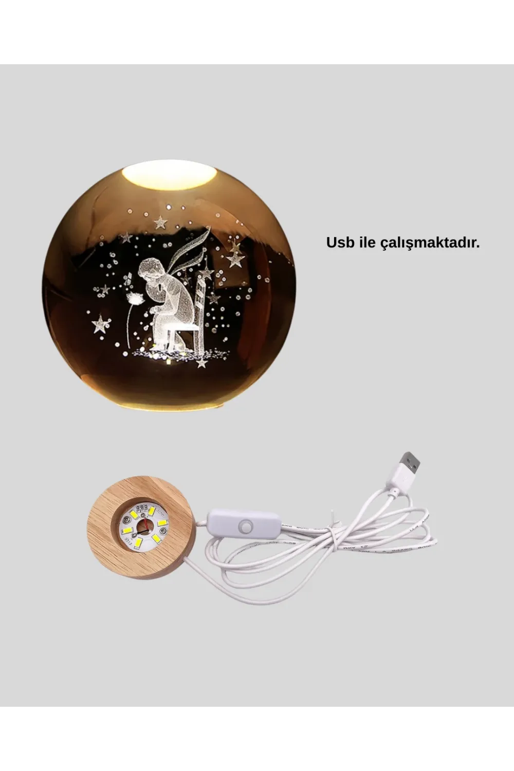 8 Cm Küçük Prens Cam Küre Usb Işıklı Ahşap Tabanlı Dekor