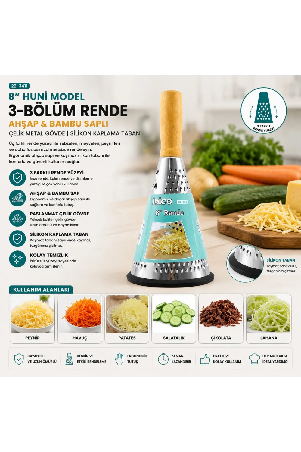 8 İnç - Huni Model   Ahşap - Bambu Saplı  Metal Rende  Silikon Tabanlı