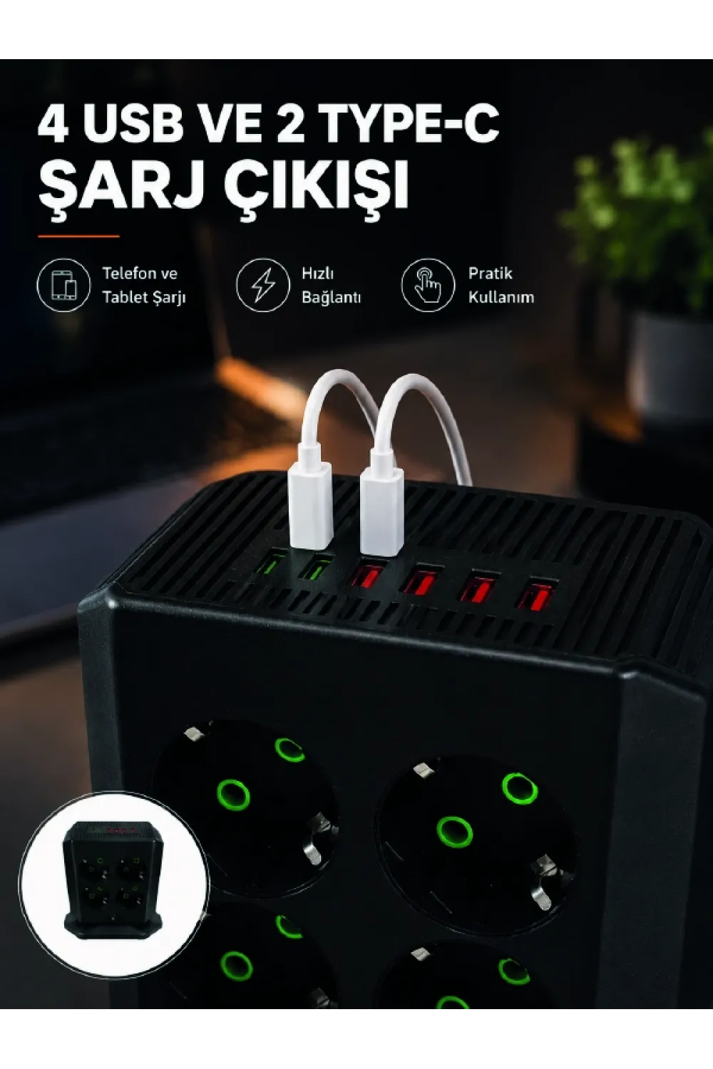8li Dikey Çoklu Priz 4 Usb 2 Type-c Akım Korumalı Anahtarlı Priz