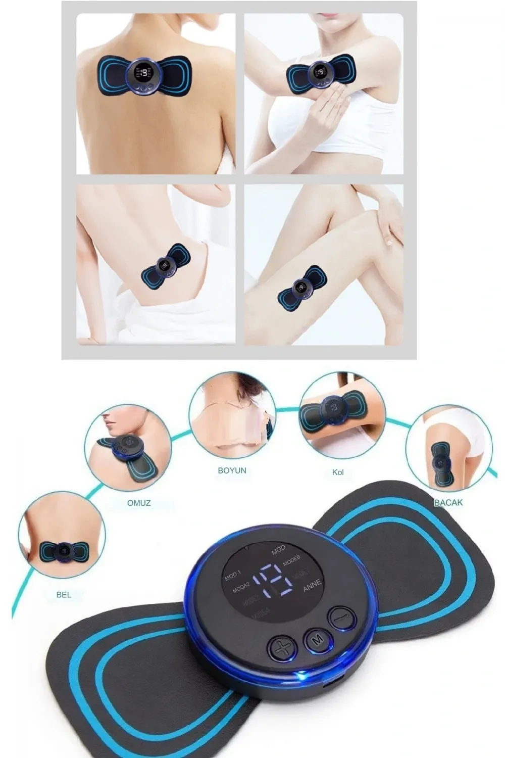 8 Modlu Mini Şarjlı Kelebek Lcd Ekran Ems Boyun Omuz Kol Sırt Elektrikli Masaj Bantı Kas Stimülatörü