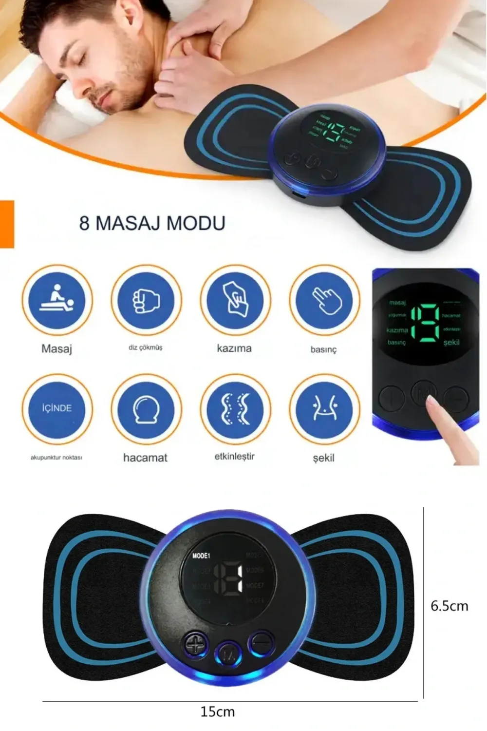 8 Modlu Mini Şarjlı Kelebek Lcd Ekran Ems Boyun Omuz Kol Sırt Elektrikli Masaj Bantı Kas Stimülatörü