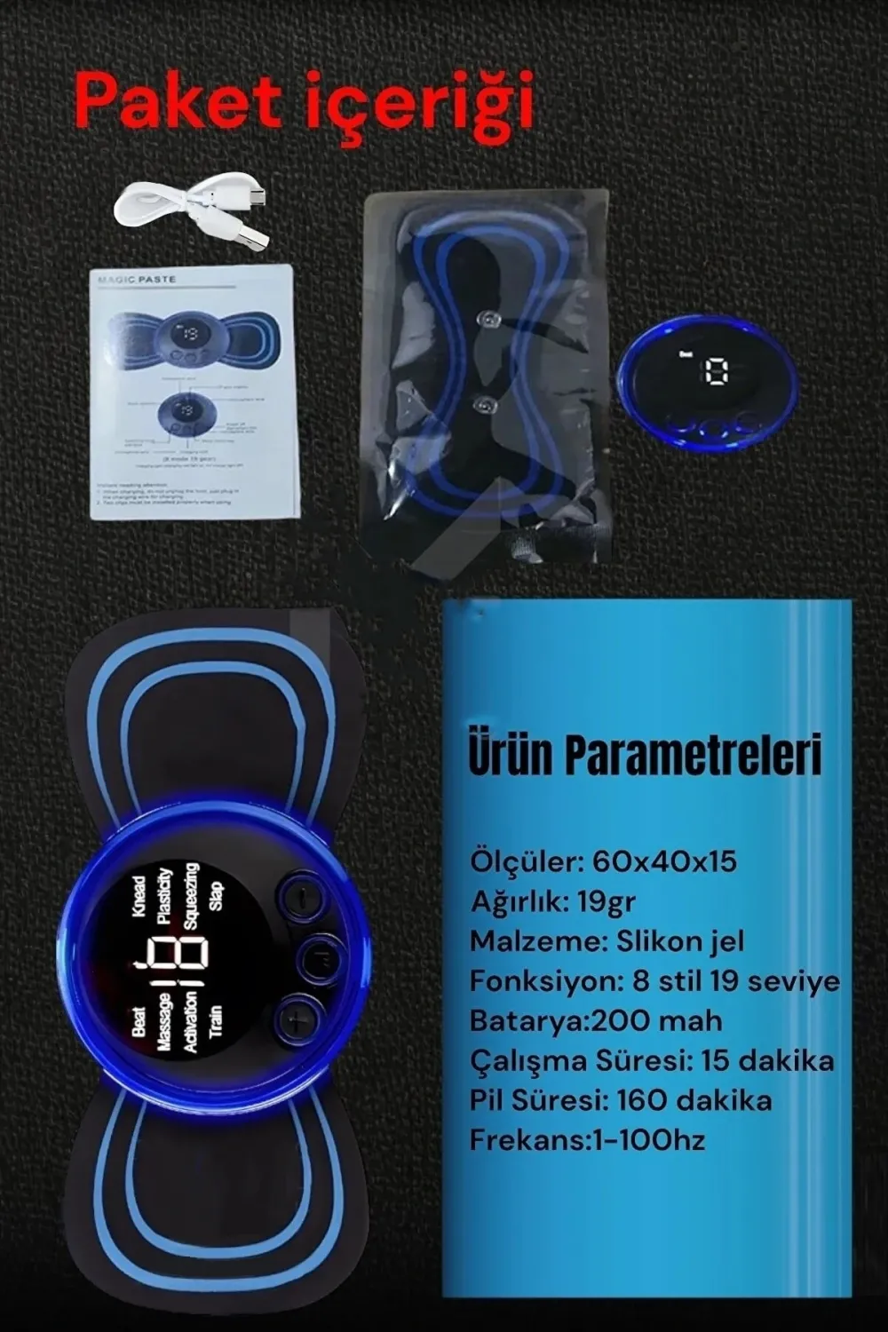8 Modlu Mini Şarjlı Kelebek Lcd Ekran Ems Boyun Omuz Kol Sırt Elektrikli Masaj Bantı Kas Stimülatörü