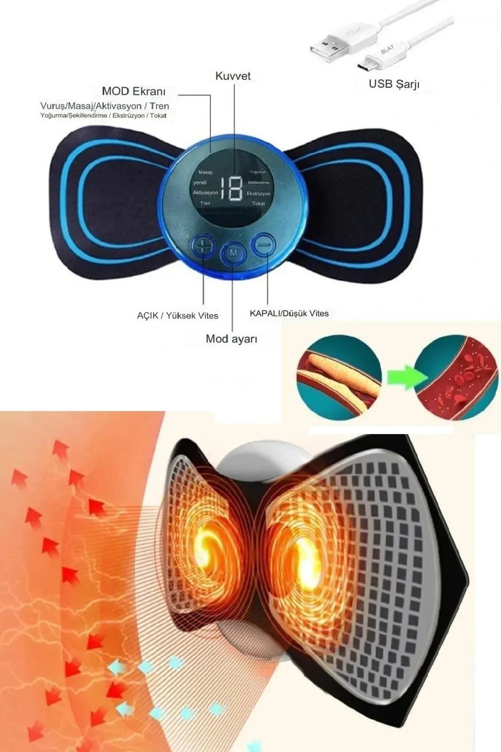 8 Modlu Mini Şarjlı Kelebek Lcd Ekran Ems Boyun Omuz Kol Sırt Elektrikli Masaj Bantı Kas Stimülatörü