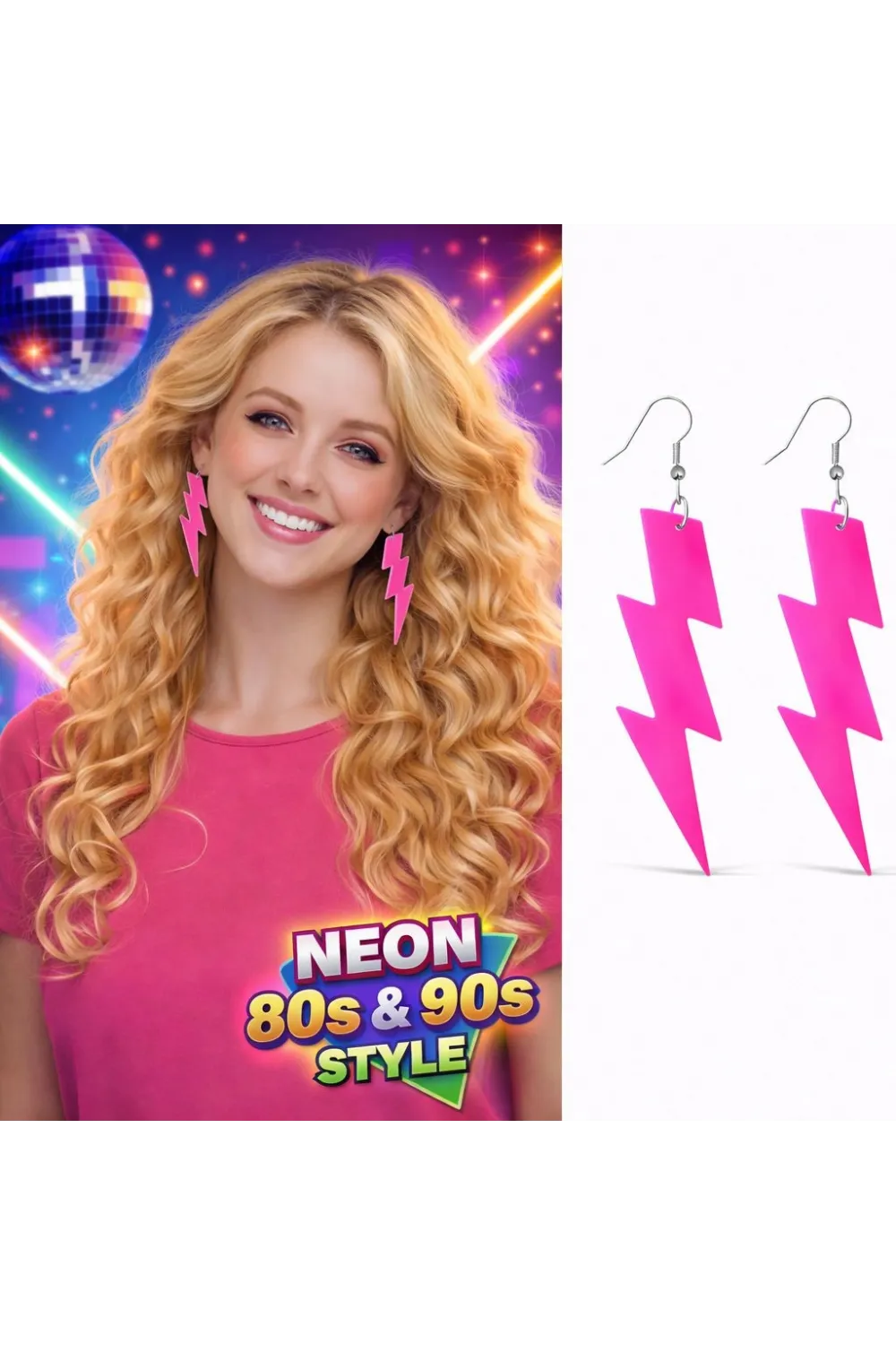80’ler 90'lar Retro Neon Pembe Şimşek Küpe 10 cm
