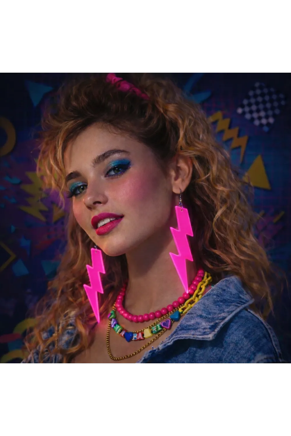 80’ler 90'lar Retro Neon Pembe Şimşek Küpe 10 cm