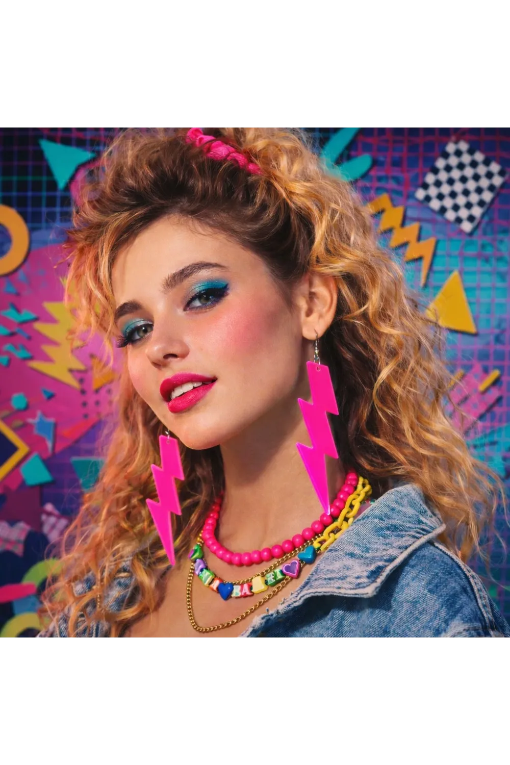 80’ler 90'lar Retro Neon Pembe Şimşek Küpe 10 cm