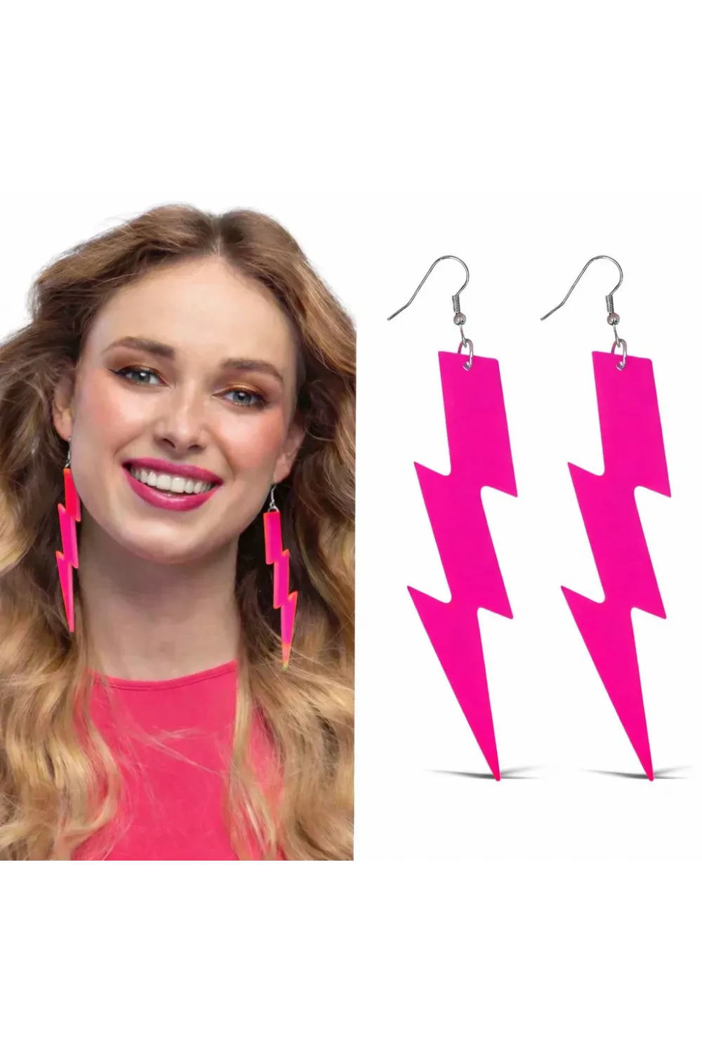 80’ler 90'lar Retro Neon Pembe Şimşek Küpe 10 cm