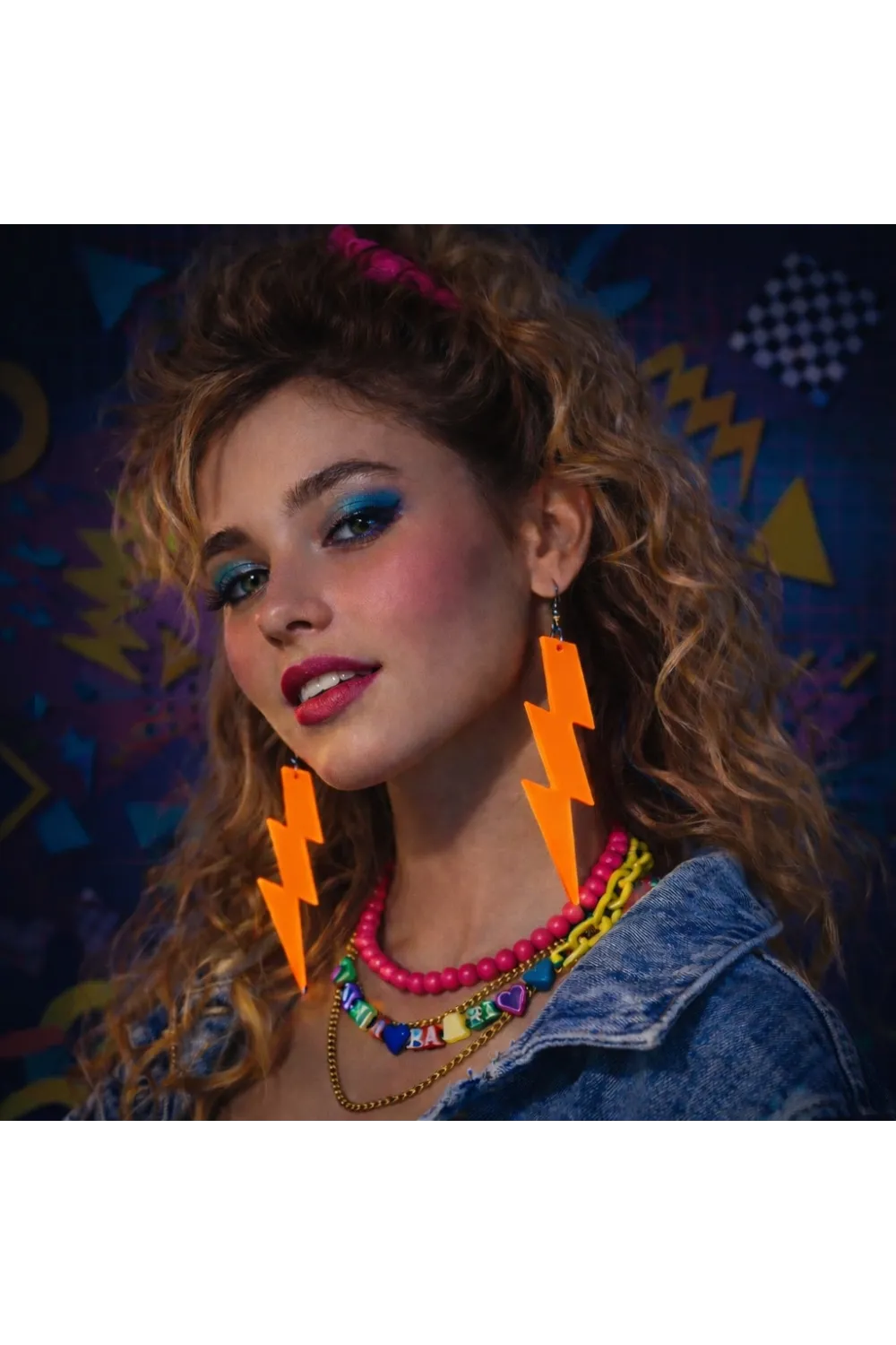 80’ler 90'lar Retro Neon Turuncu Şimşek Küpe 10 cm