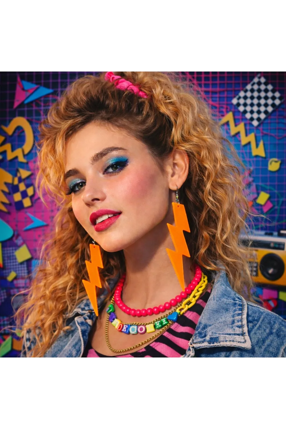 80’ler 90'lar Retro Neon Turuncu Şimşek Küpe 10 cm