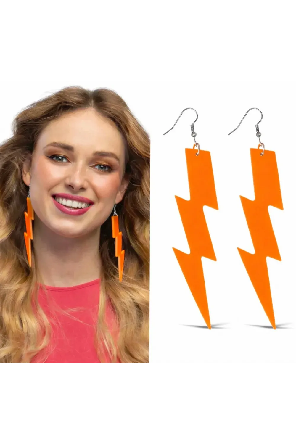 80’ler 90'lar Retro Neon Turuncu Şimşek Küpe 10 cm