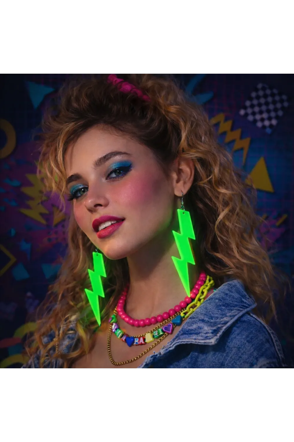 80’ler 90'lar Retro Neon Yeşil Şimşek Küpe 10 cm