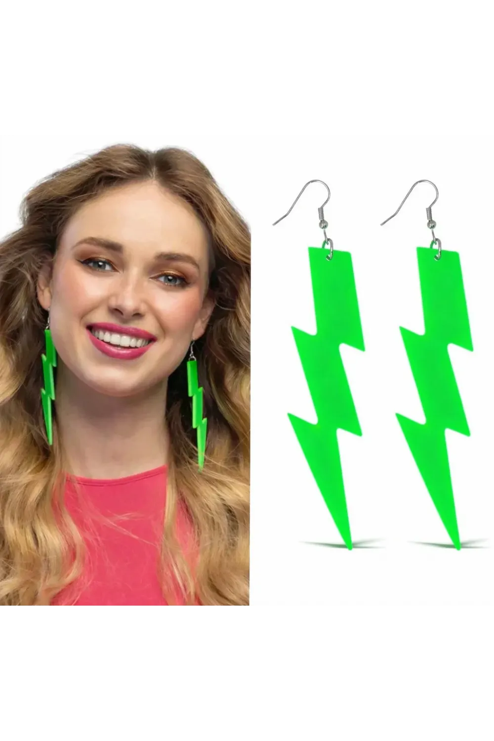 80’ler 90'lar Retro Neon Yeşil Şimşek Küpe 10 cm