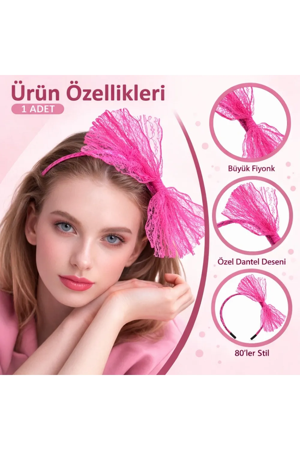 80’ler 90’lar Neon Pembe Dantel Taç Fiyonklu