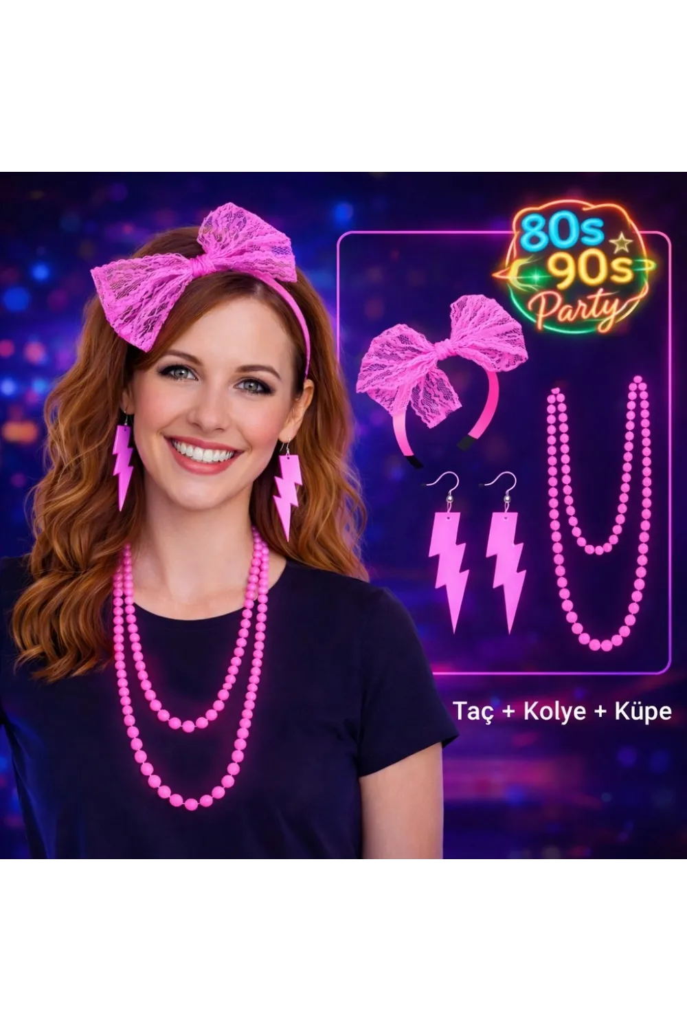 80’ler 90’lar Neon Pembe Parti Seti – Kolye Küpe Taç
