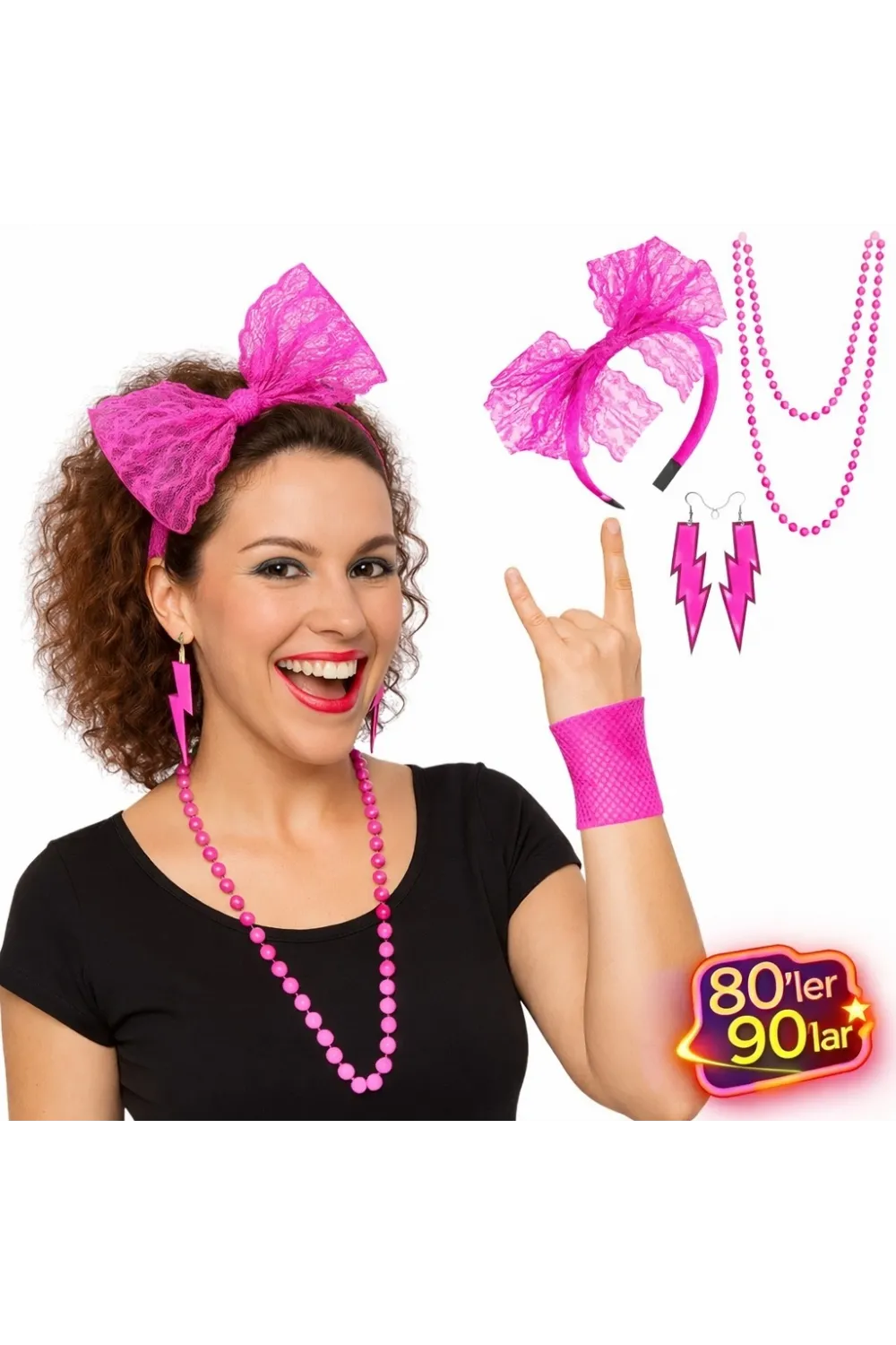 80’ler 90’lar Neon Pembe Parti Seti – Kolye Küpe Taç